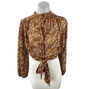 Lush Women's Multicolor Tie Front Long Sleeve High Neck Crop Blouse Top Size M